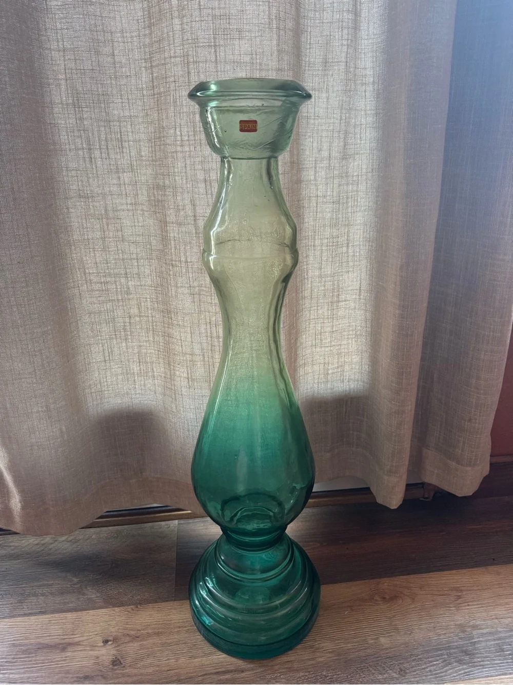 Tall Green Ombre Glass Candle Holder made in Spain 30”